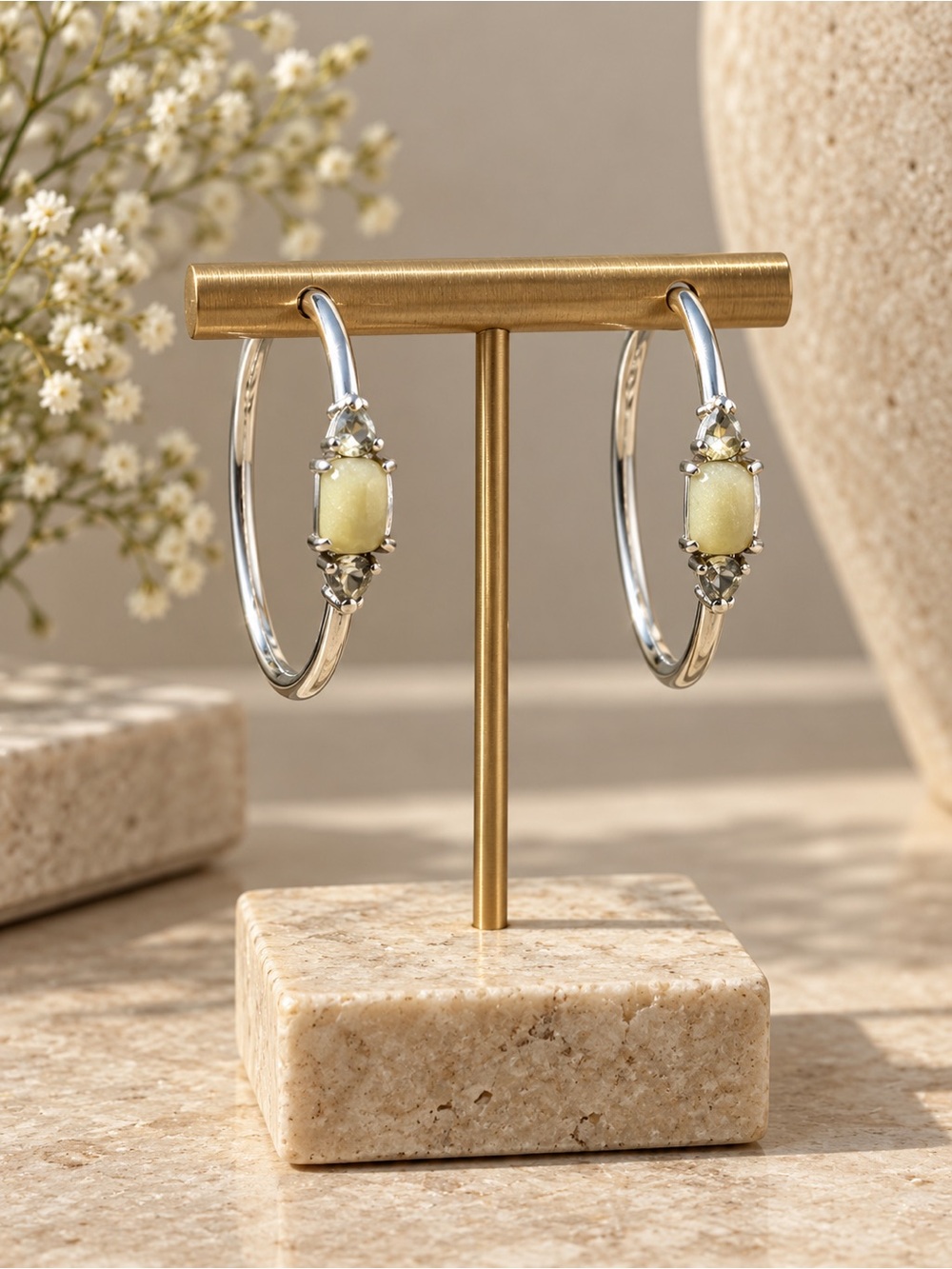 Silver tone Hoop Earrings with Pale Yellow Gemstone Accents